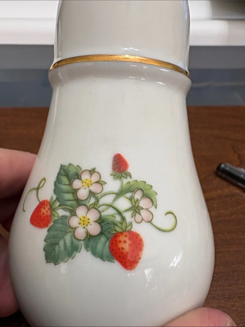 Avon White Porcelain Strawberry Sugar Shaker with Gold Trim